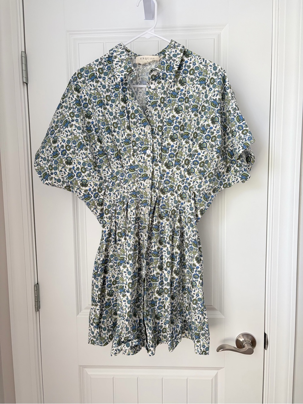 Exquise Anthropologie White Floral Button-Front Dress with Blue & Green Print